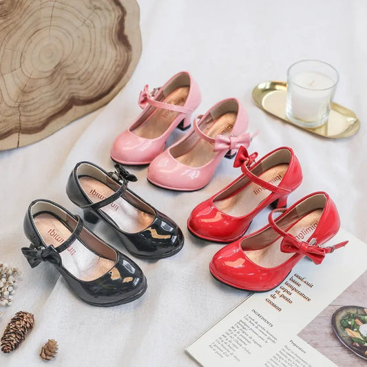 Spring Formal All Black Shoes Children High Heel Girls Shoes