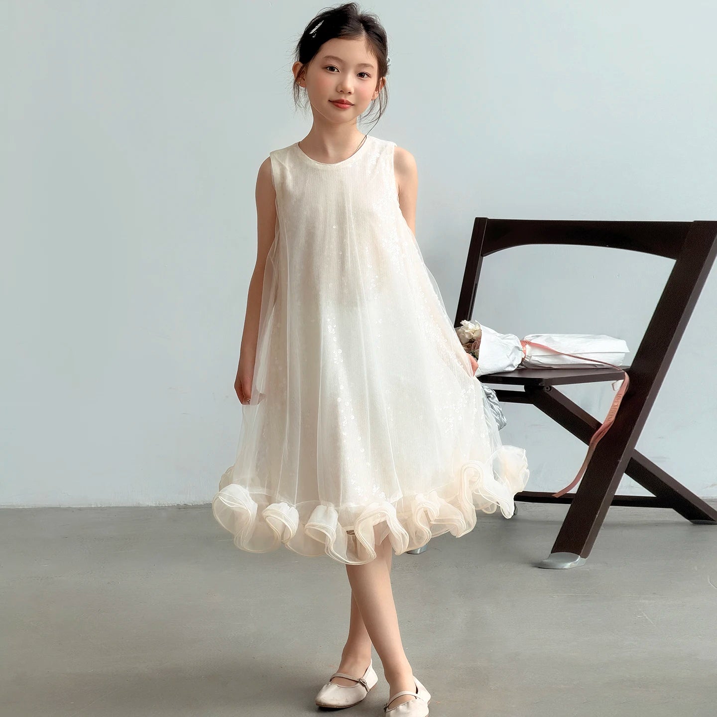 Kids Princess Dresses For Girls White Sleeveless Tulle Ruffle Dress