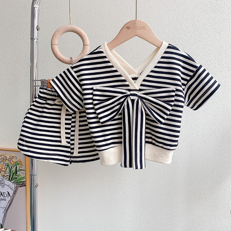 Denisse Bow Tie V-Neck Top and Shorts Striped Set