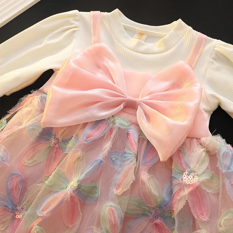 Baby Girl Dress Spring And Autumn Mesh Flower Bow Girl Princess Dress