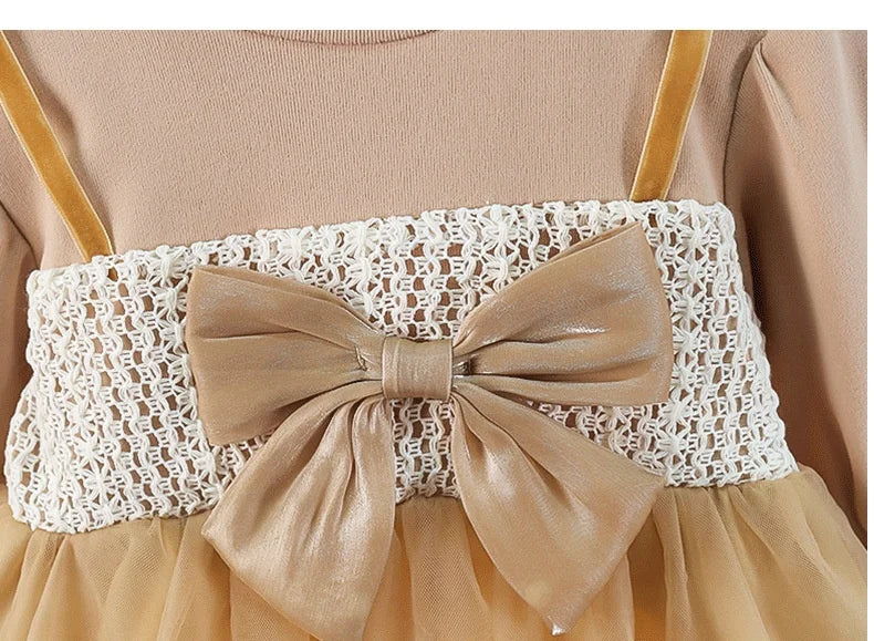 Elegant Baby Girl's Dress Spring Autumn Long Sleeved Princess Style Birthday Party Clothes Sweet Big Bow Lace Children's Dress