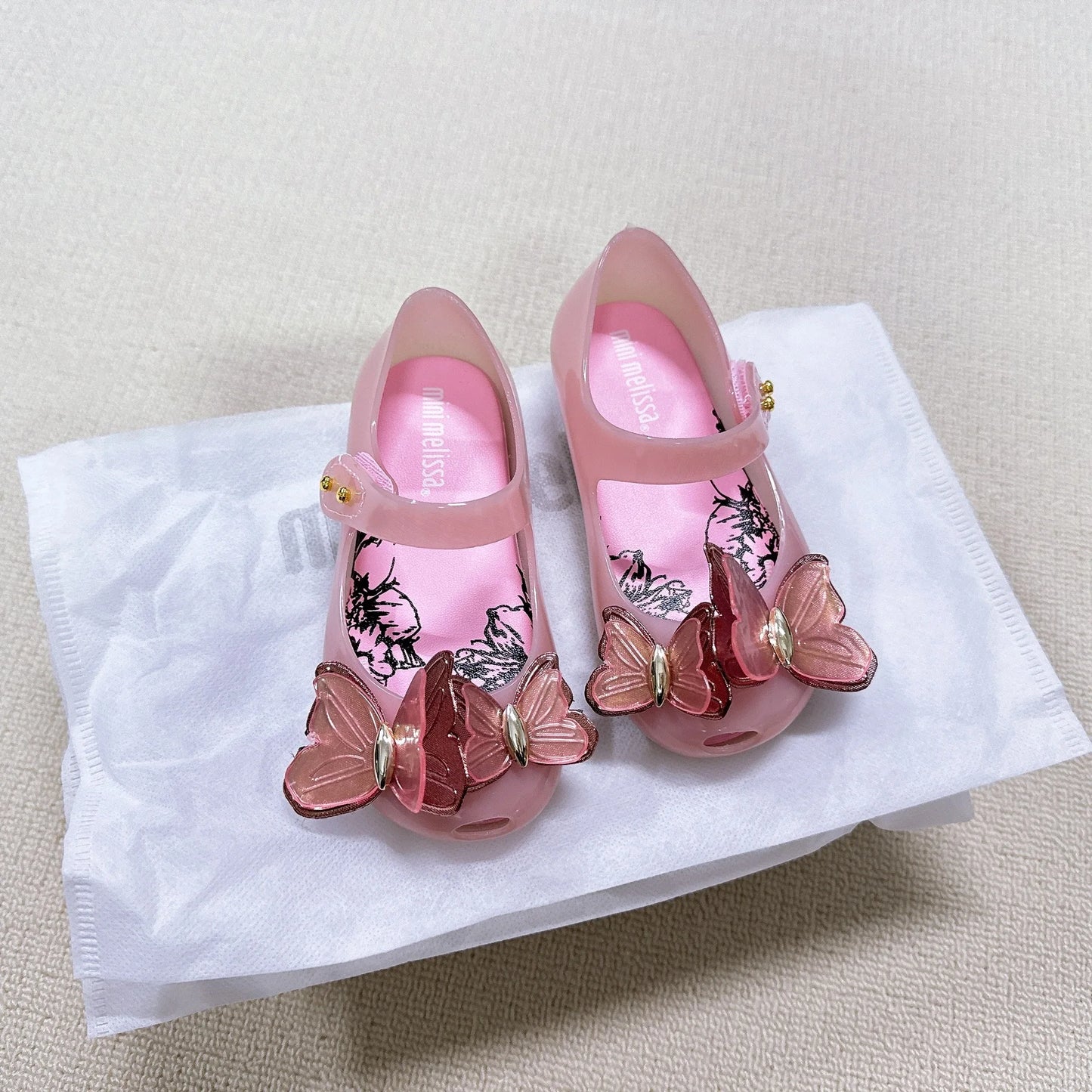 Children's Fashion Shoes Pink Metal Sequins Three-dimensional Butterfly Rhinestone Jelly Girls' Beach Sandals Trendy Shoes