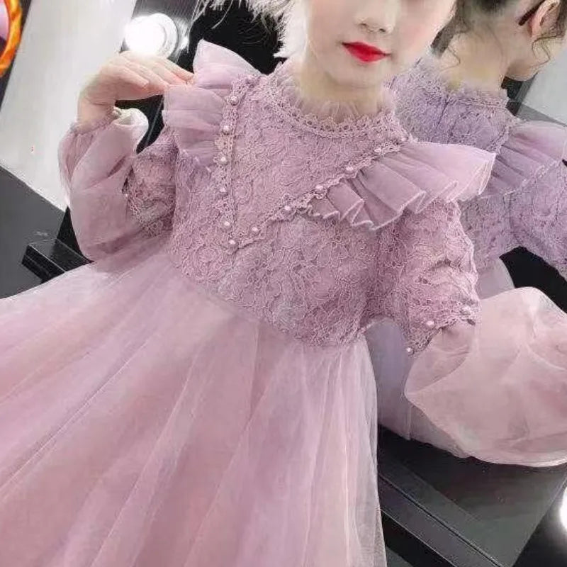 2023Girls' Autumn Winter New Fashion Half High Neck Long Sleeve Solid Color Dress