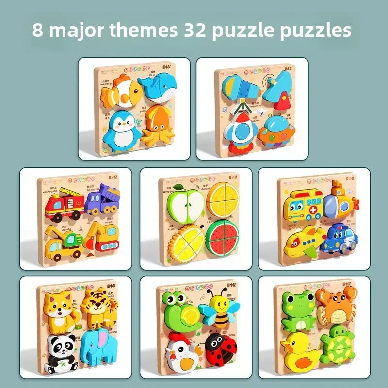 Montessori Cartoon 3D Wooden Puzzle Animal Traffic Jigsaw Toys