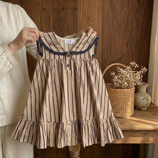 Baby Girl Pure Cotton Princess Dress Summer New Style Girls' Striped Embroidered Dress