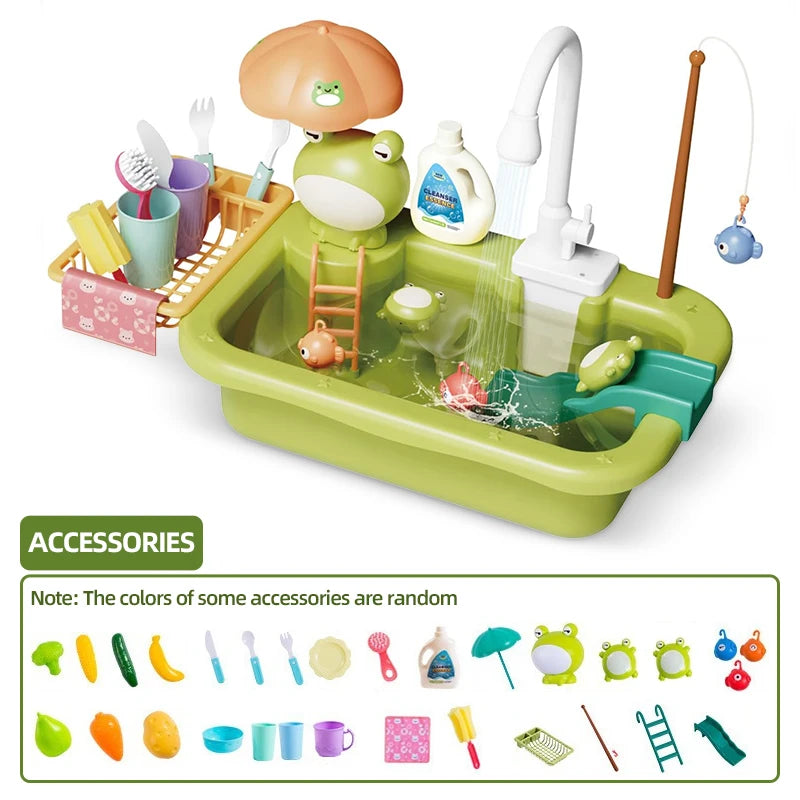 Kids Kitchen Sink Toys Electric Dishwasher Playing Toy with Running Water Pretend Play Food Fishing Toy Role Playing Girls Gifts