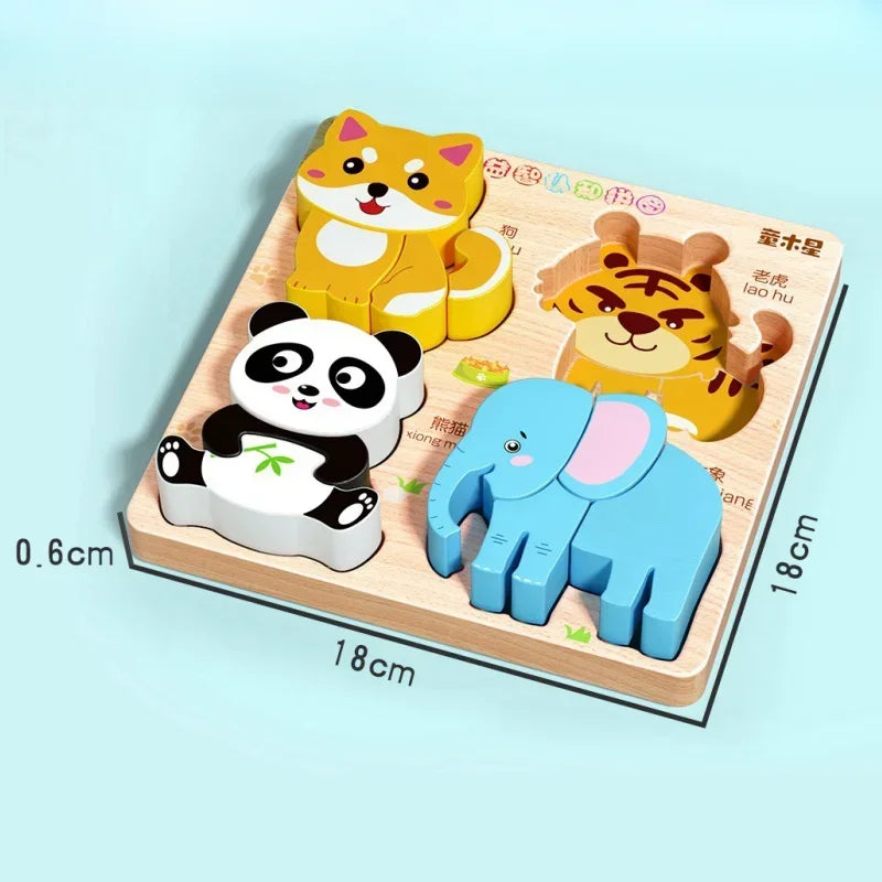 Montessori Cartoon 3D Wooden Puzzle Animal Traffic Jigsaw Toys