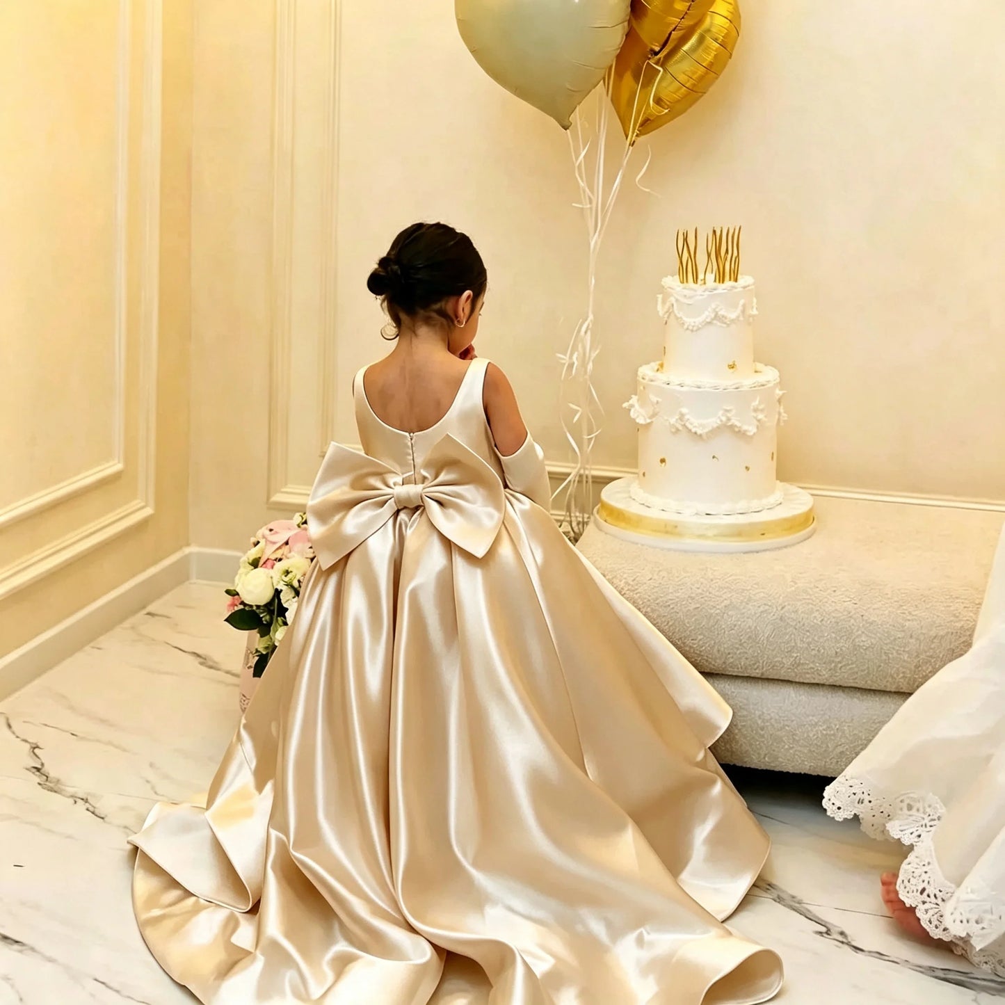 Flower Girl Dress White Satin A-Line Bow Back Long Train Flower Girl Gown Toddler Wedding Pageant Events Customized Wholesale