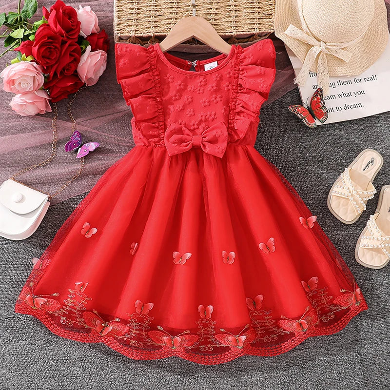 Dress For Girls Yellow O-Neck Fly-Sleeve Tulle Bowknot