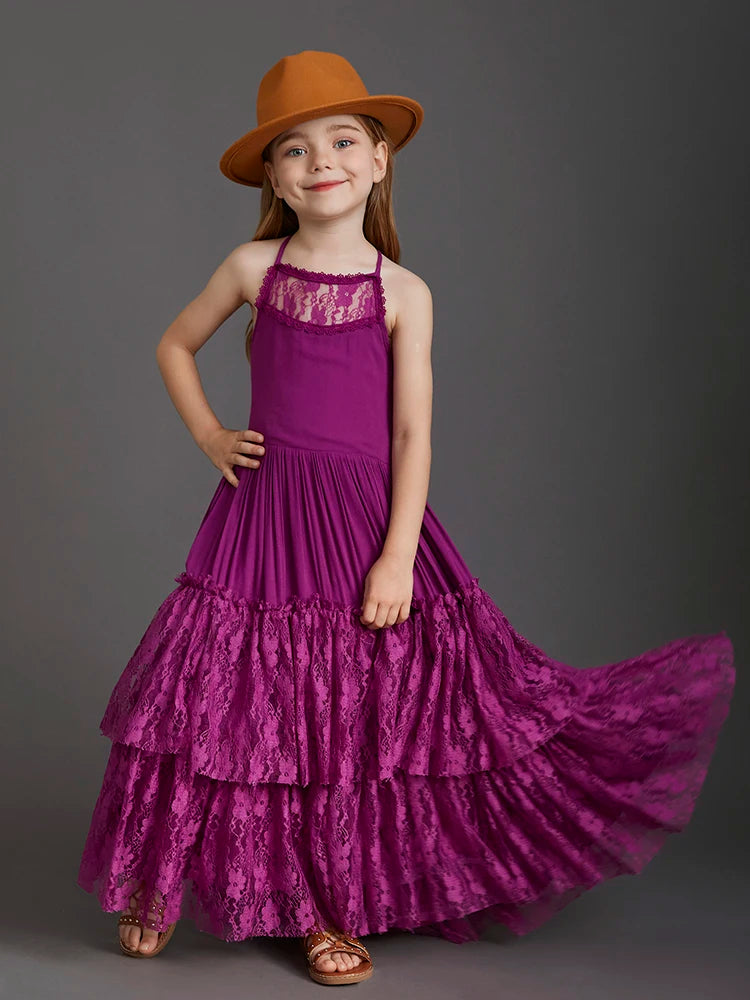 Plus Size Princess Girls Lace Long Dresses Baby Kids Flower Wedding Party