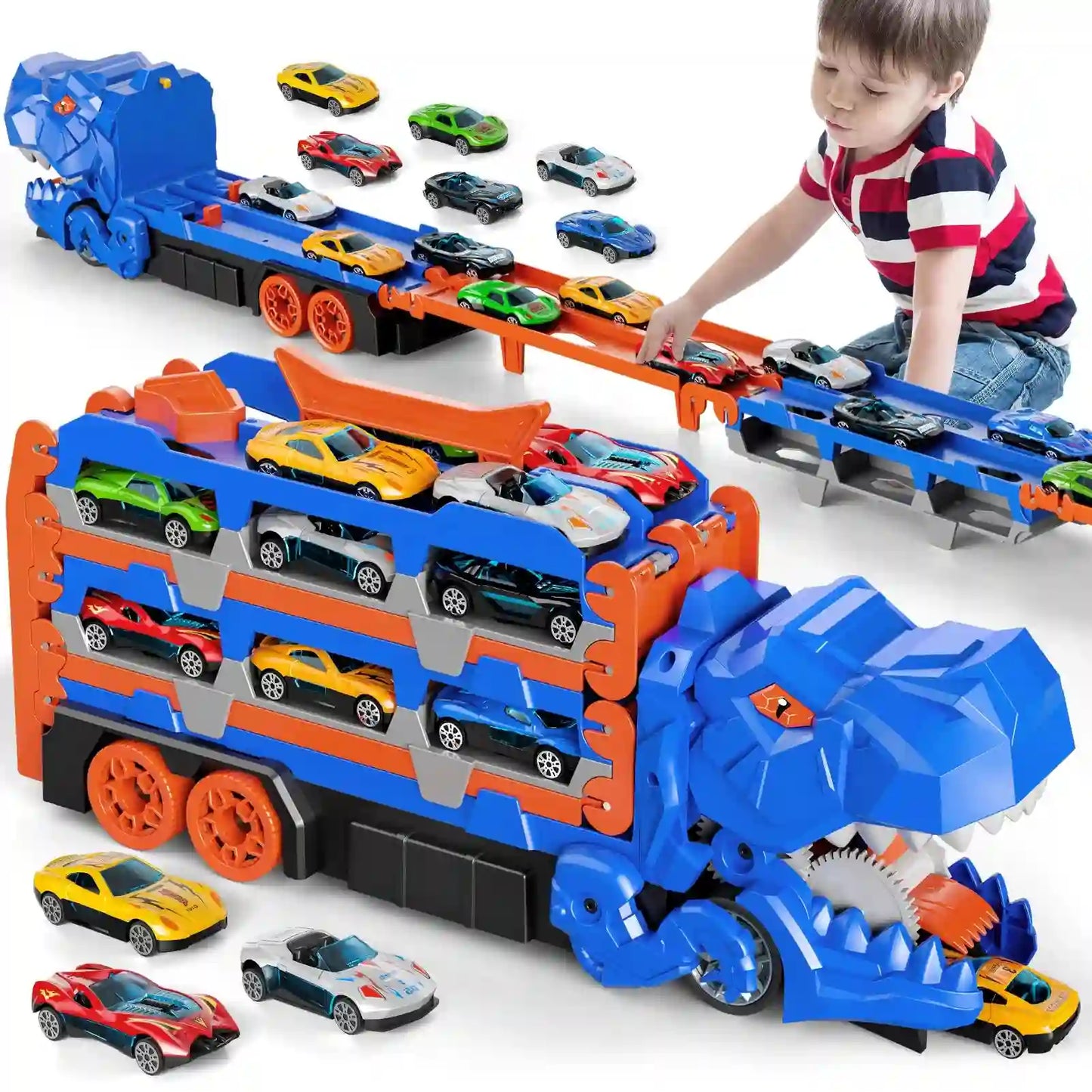 Dinosaur Truck Toy Set with Die-Cast Racing Cars for Kids
