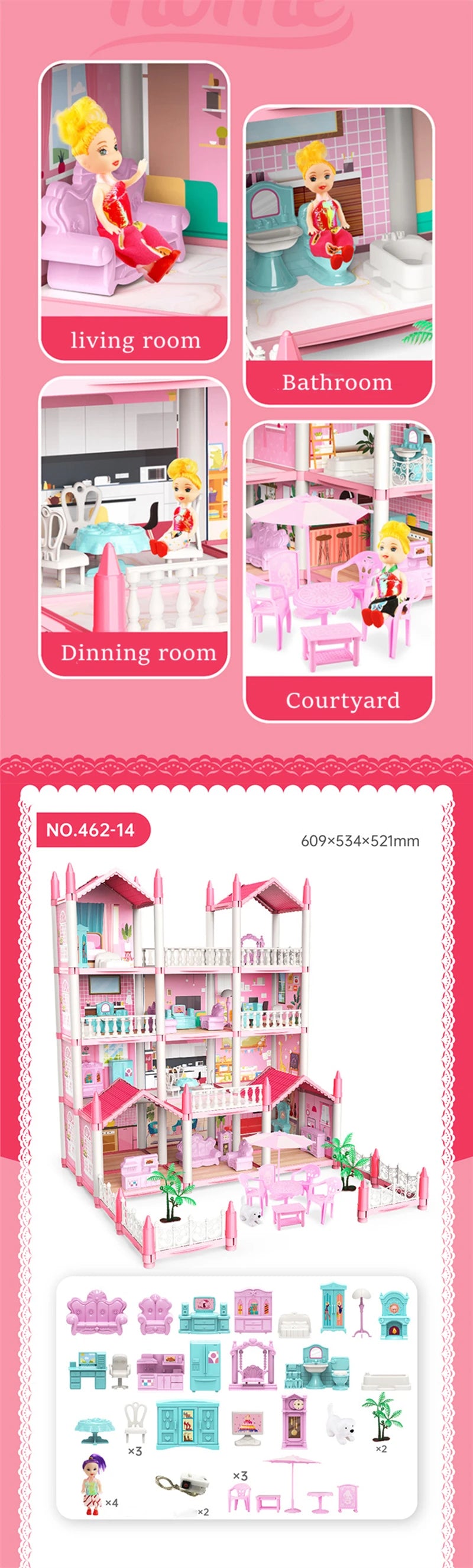 Girls Toddler Doll House - Large Doll House with 4 Dolls, Furniture, Accessories, LED Lights, 4 Stories Princess Dream House Toy
