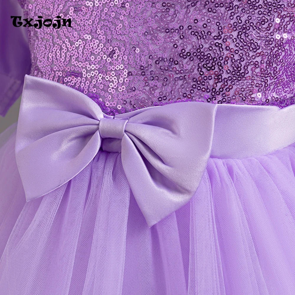 Girl's Dress 3-14 Years Old Girl's Bow Princess Dress Sequined Puff Sleeve Mesh Dress