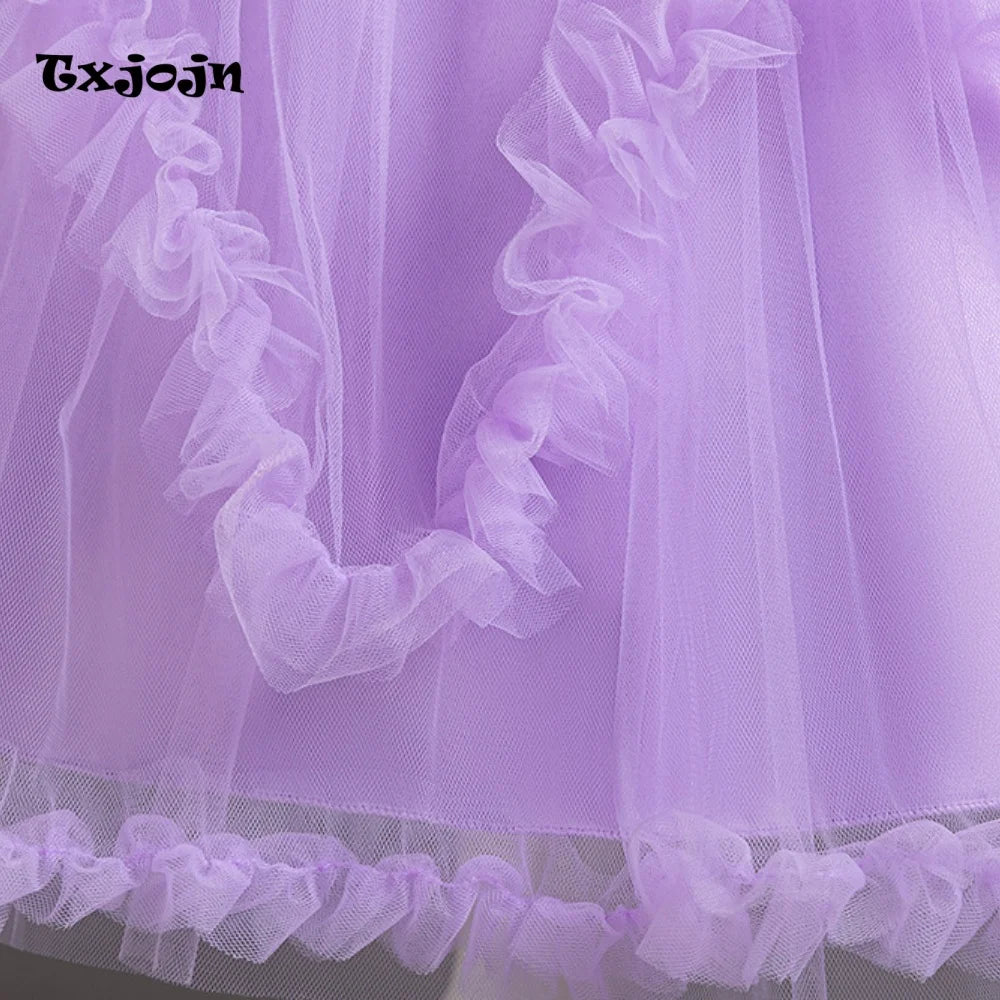 Girl's Dress 3-14 Years Old Girl's Bow Princess Dress Sequined Puff Sleeve Mesh Dress