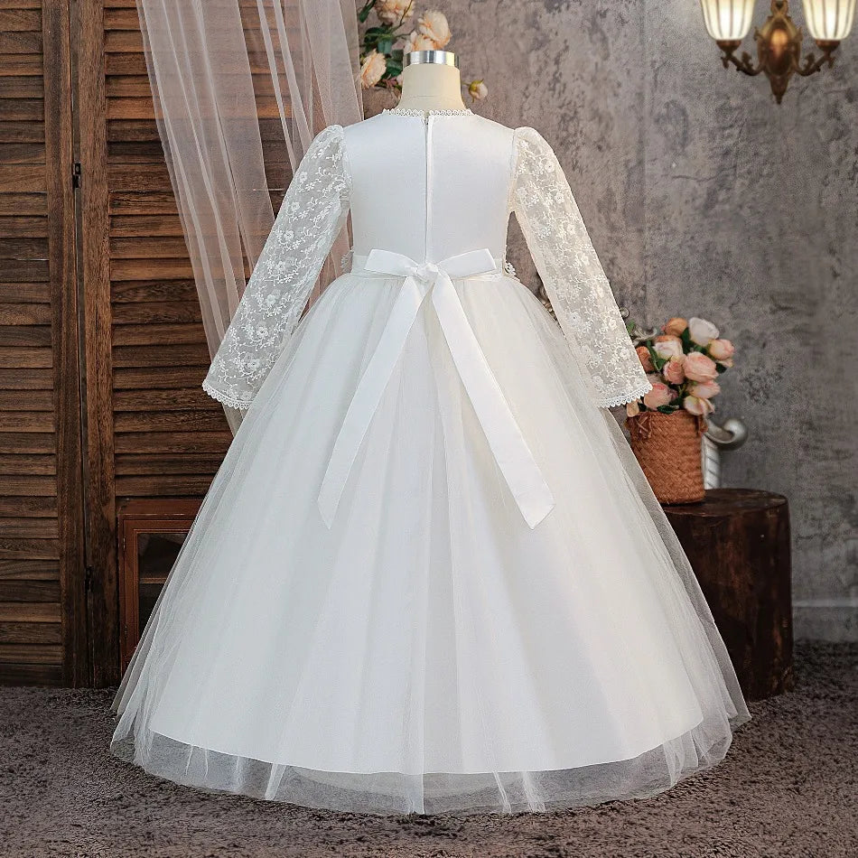 Girls' Teenage Long Sleeve Lace Dress Wedding White Bridesmaid Evening