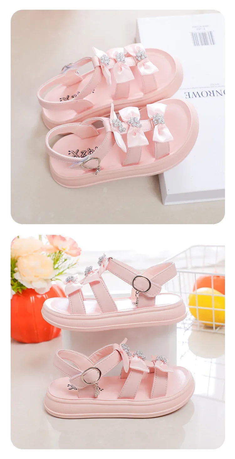 Girls Beach Shoes with Sweet Bows Soft Sole Kids Sandals Versatile 2025 Summer New Children Princess Shoes
