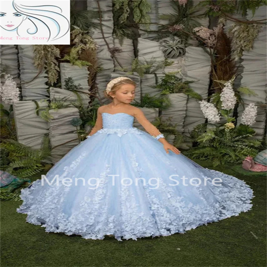 Elegance Flower Girl Dress Three Quartersleeve Appliqué Children Wedding Party Dress