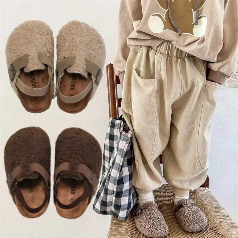 Children's Fleece Elastic Clogs Baby Boys Girls Plush Slipper Toddler Prewalker Footwear