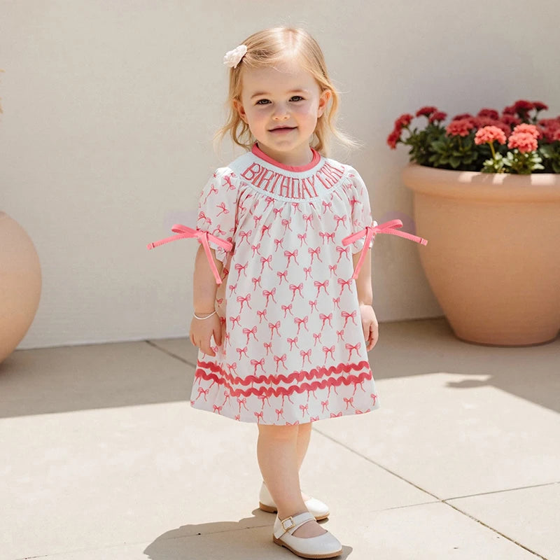 Toddler Girl Birthday Dress with Puff Sleeves and Embroidered Letters