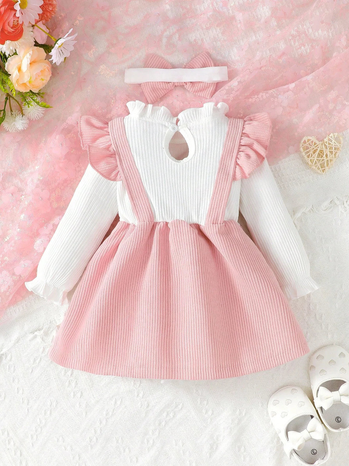 Baby Girl Ribbed Dress Outfit Long Sleeve Ruffle Bow Dress with Headband Elegant Clothes Set