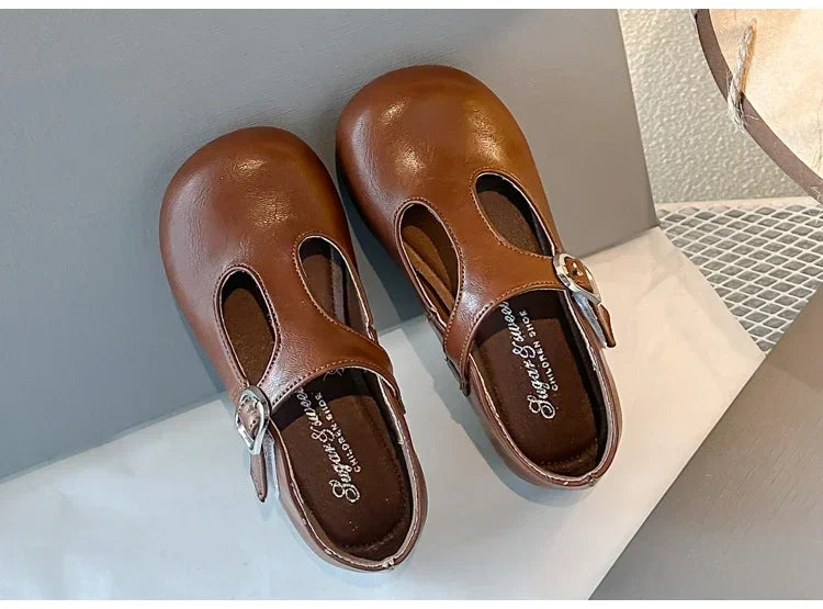 Girls Princess Shoes Black Round Toes 2025 New Fashion Kids Performance Shoes Pu Leather Non-slip Children Flat Shoes Hook&loop