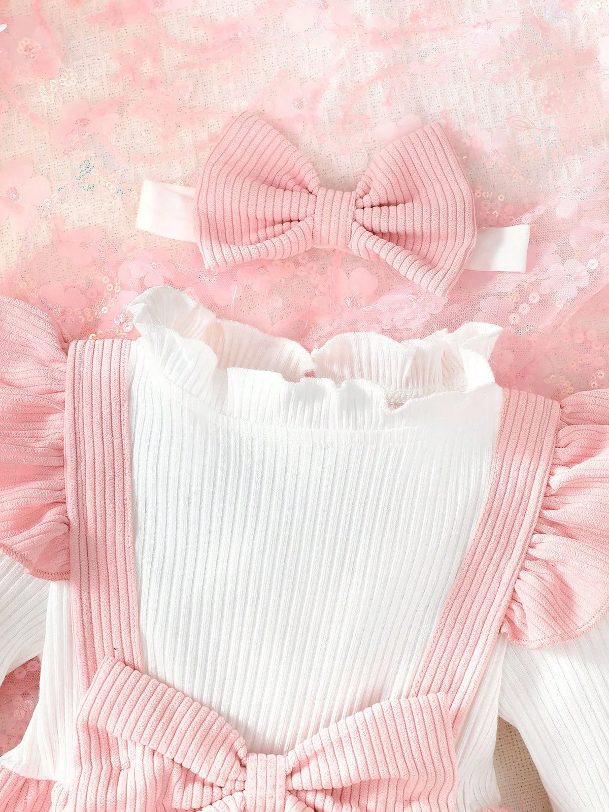 Baby Girl Ribbed Dress Outfit Long Sleeve Ruffle Bow Dress with Headband Elegant Clothes Set