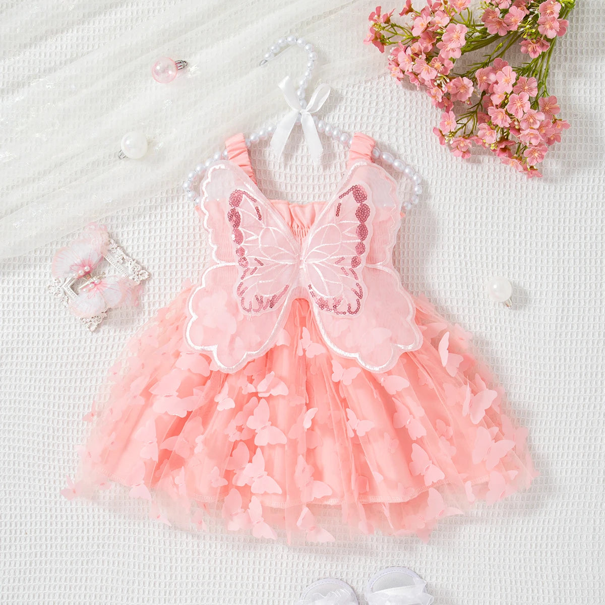 Summer New Baby Girl Suspender Dress Solid Color Butterfly Wing Party Dress