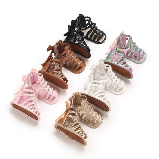 Baby Girl Sandals, PU Leather Braided Non-slip Bowknot Summer Flats Toddler Shoes
