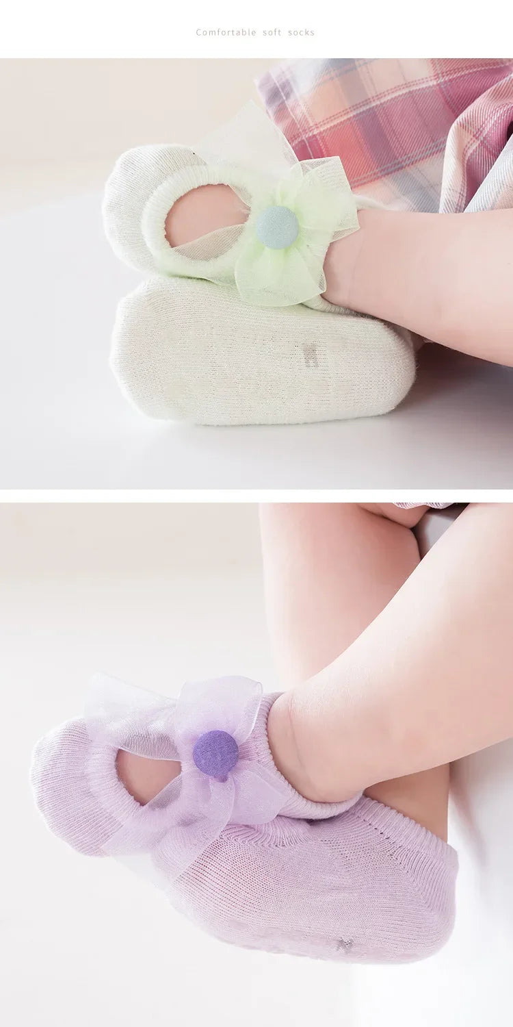 3 Pair Baby Girl Ankle Socks Lace Bow Infant Anti Slip Socks Newborn Princess Pearl Low Cut Socks Children Home Floor Shoes
