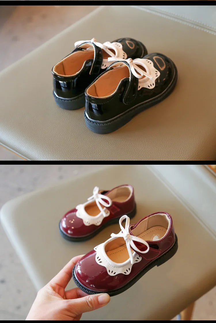 Girl's Princess Shoes Wine Red Black Ruffles Elegant Patent Leather Bowknot Children Flat Shoes 21-35 Toddler Kids Single Shoe