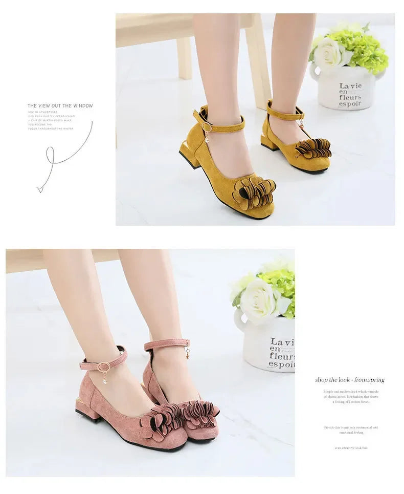 Girls Party Shoes High Heeled Fashion Princess with Flowers Sweet Chic Kids Leather Shoes for Wedding Model Shoes Ankle-strap