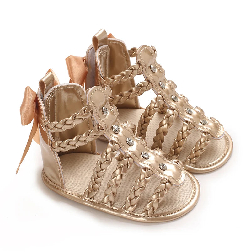 Baby Girl Sandals, PU Leather Braided Non-slip Bowknot Summer Flats Toddler Shoes for Casual Daily
