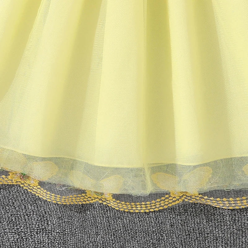 Dress For Girls Yellow O-Neck Fly-Sleeve Tulle Bowknot