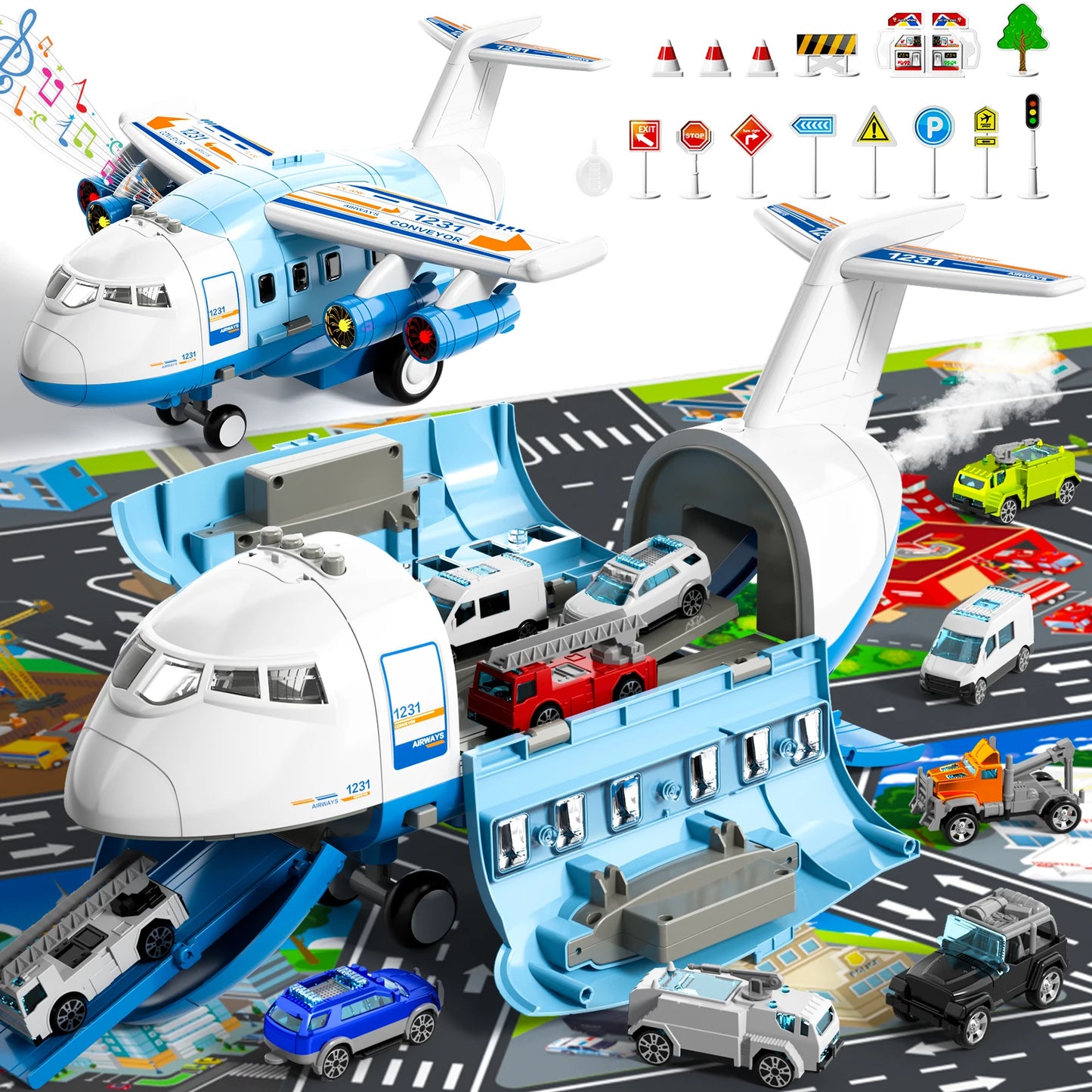Kids Airplane Toy Set With Fire Trucks For Ages 4-8