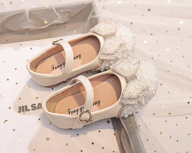 Autumn Fashion Pearl Bow Rhinestone Little Girl Shoes Flat Heels Kids Princess Shoes