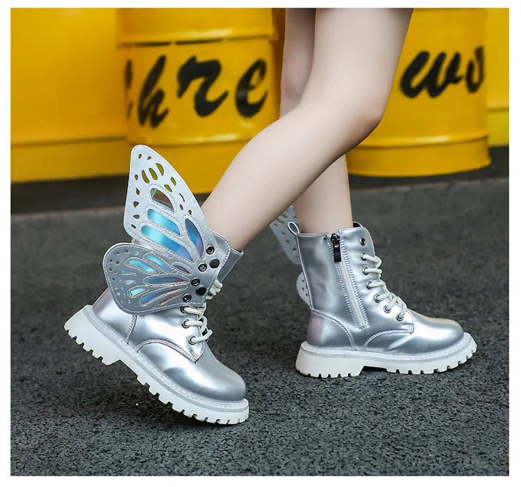 Girls Boots 2025 New Autumn Winter Fashion Butterfly Princess Botas Casual Non-slip Ankle Boots Silver Patent Leather Kids Shoes