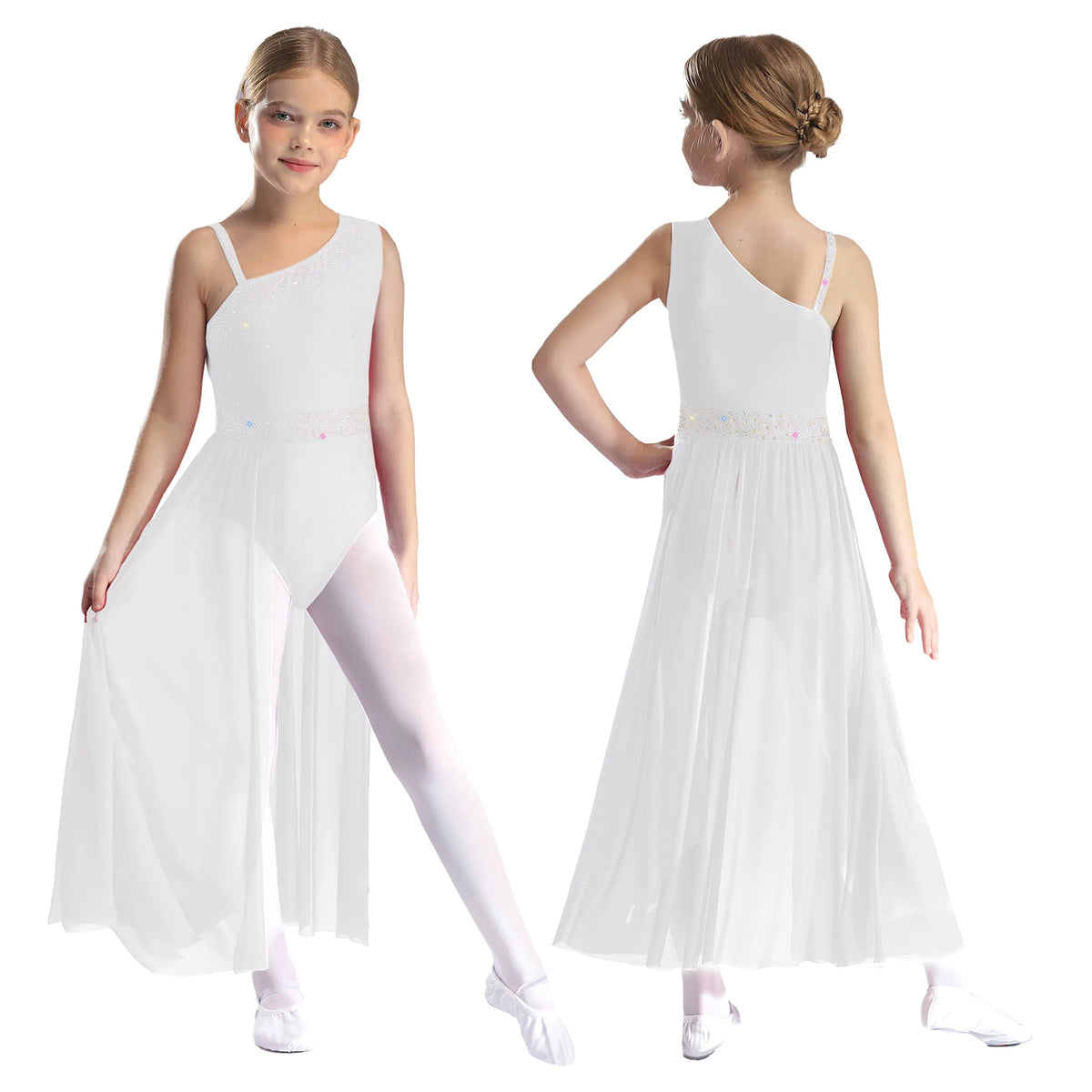 Girls Delicate 3D Flower Lyrical Dance Dress Asymmetrical Ruched Long Dress Gymnastics Modern Dance Clothes Performance Dress