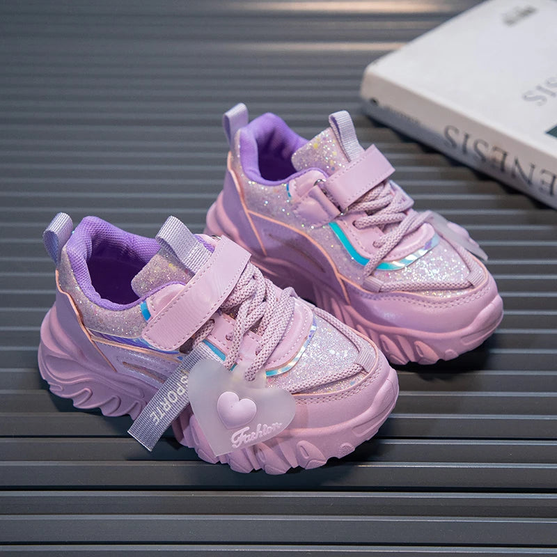 Girls Sports Shoes Kids Running Sneakers for School Fashion Cute Shiny Non-slip Children's