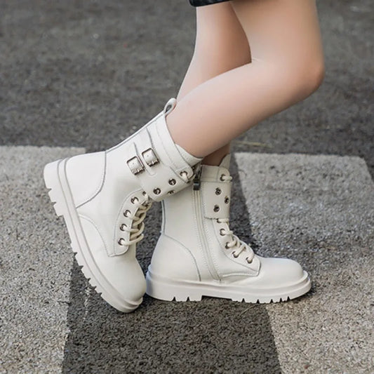 Kids Boots for Girls 2023 Autumn New British Style Soft Leather Cotton Boots
