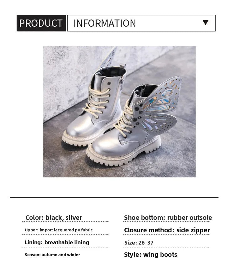 Girls Boots 2025 New Autumn Winter Fashion Butterfly Princess Botas Casual Non-slip Ankle Boots Silver Patent Leather Kids Shoes