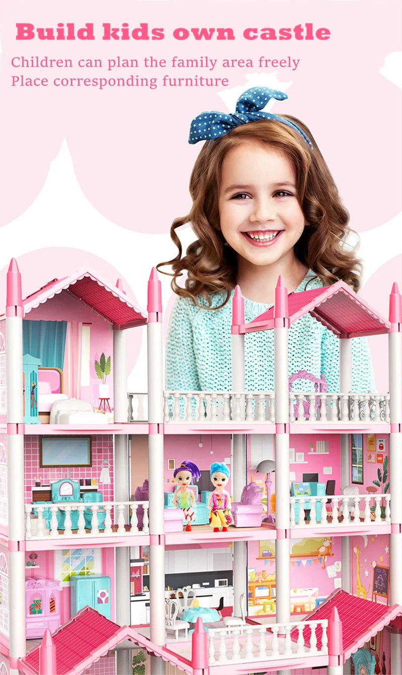Girls Toddler Doll House - Large Doll House with 4 Dolls, Furniture, Accessories, LED Lights, 4 Stories Princess Dream House Toy