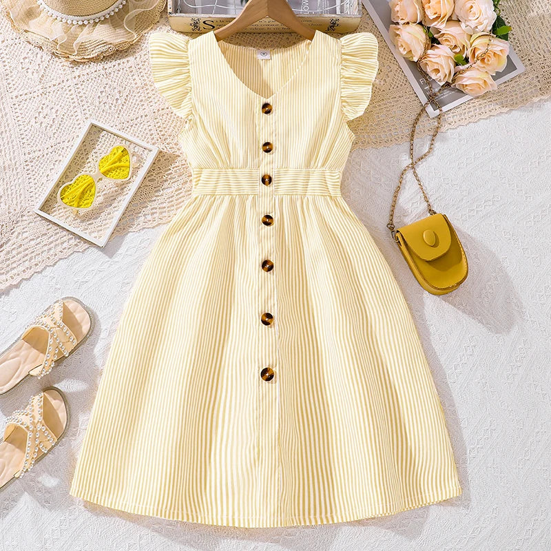 4-7 Years Girl Dress Summer New Stripe Ruffled Sleeveless V-Neck Dress