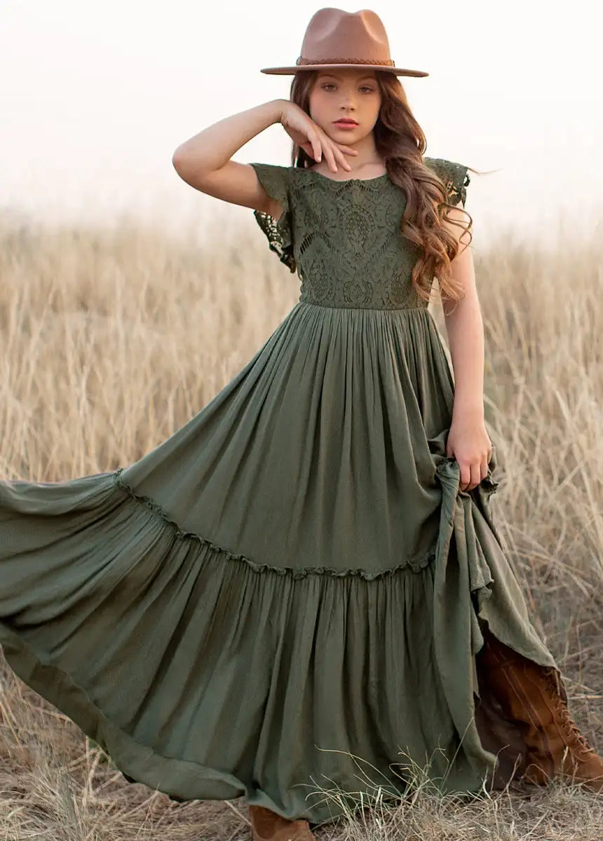 Girls Lace Bohemia Long Dresses Baby Kids Flower Wedding Princess Dress
