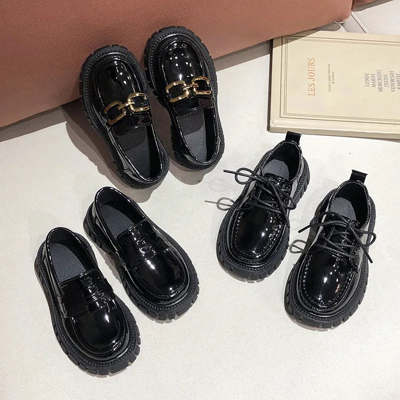 Girls Leather Shoes For School Party Wedding Kids Black Loafers Slip-On Children Flats British Style Elegant Princess Shoes