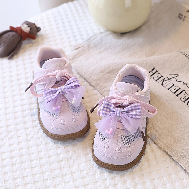 Girls Casual Shoes Spring Summer Children Hollow Sneakers with Cut-outs Breathable Holes Cute Bow-knot Soft Comfortable Sweet