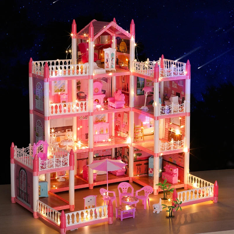 Girls Toddler Doll House - Large Doll House with 4 Dolls, Furniture, Accessories, LED Lights, 4 Stories Princess Dream House Toy