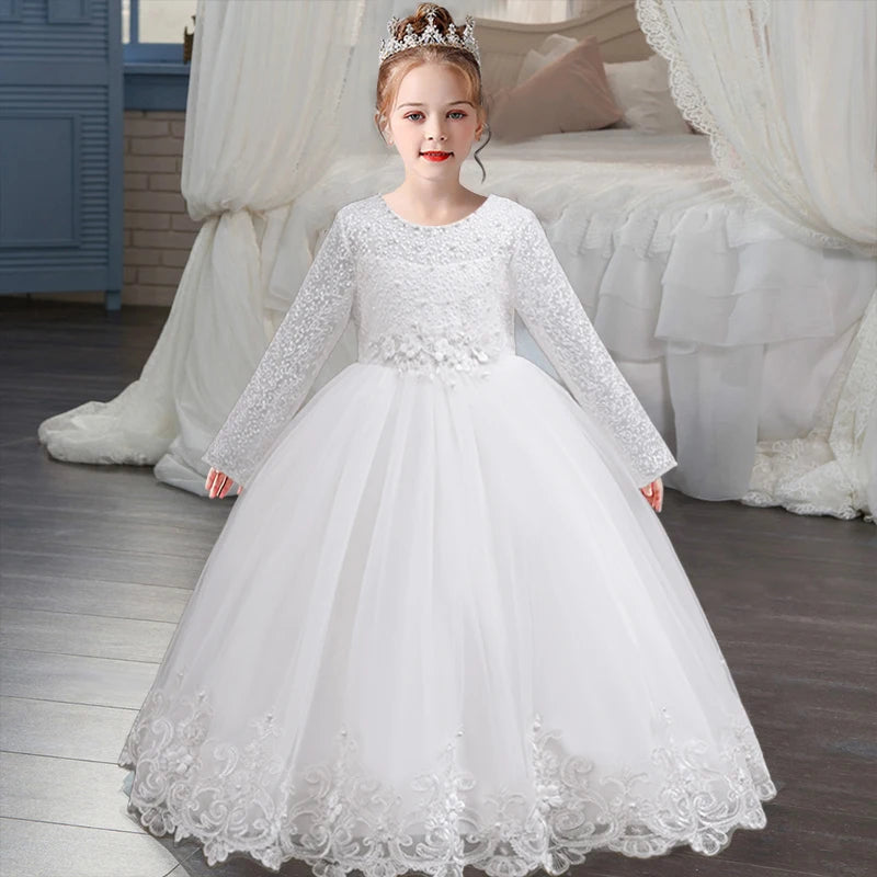 Children's Embroidered Party Evening Dress 3-12 Years Old Lace Long Sleeve White Wedding Dress