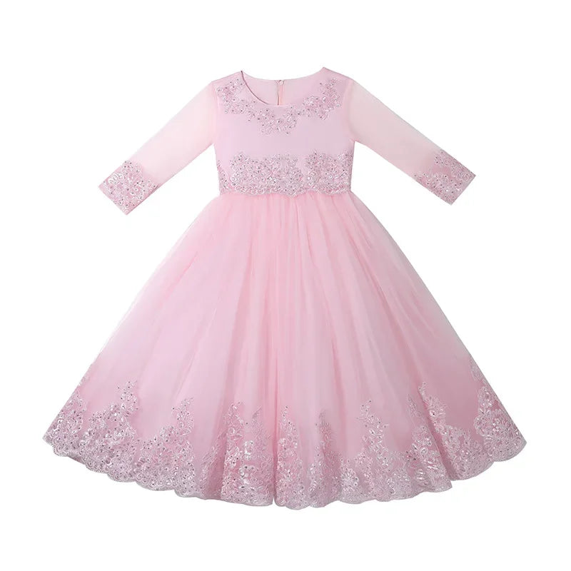 Spring Autumn Party Dress for Kids Girl Lace Long Sleeve Sequin Dress