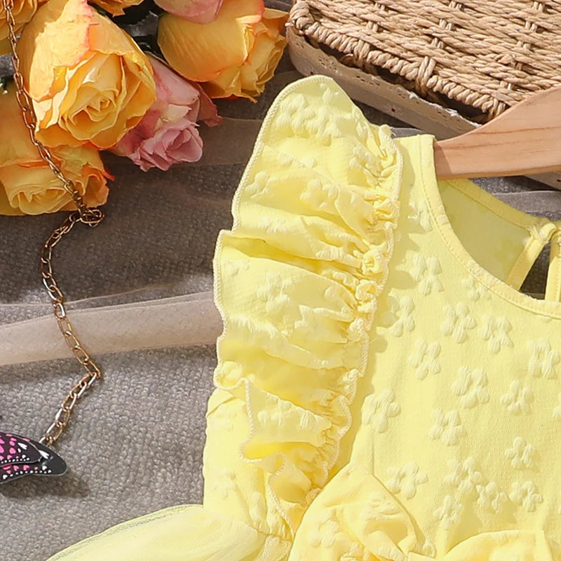 Dress For Girls Yellow O-Neck Fly-Sleeve Tulle Bowknot