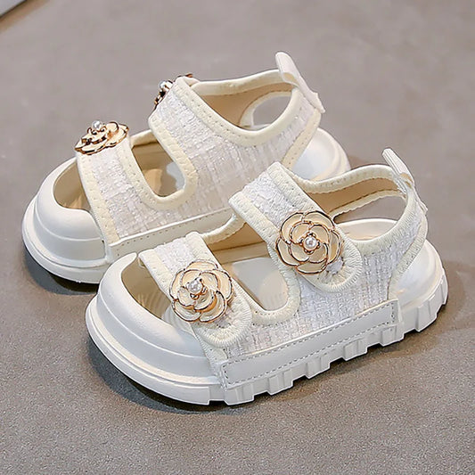 Korean Style Summer Sandals For Girls Luxury Pearl Flower Children's Beach Shoes